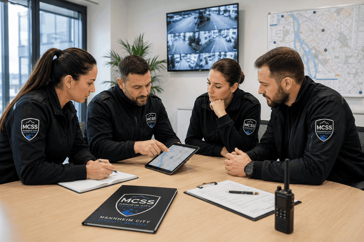 Professionelles Team eines Sicherheitsunternehmens bei der Einsatzbesprechung